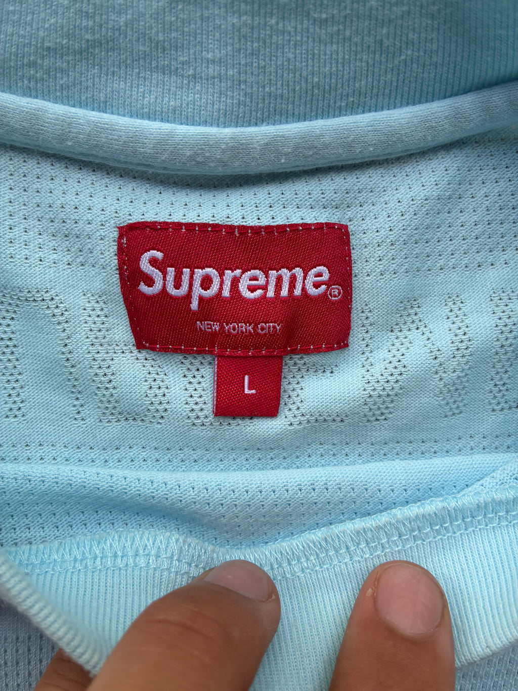 Supreme light blue “MESH STRIPE” tee (L)